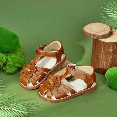 Felix & Flora Toddler Girls Brown Close Toes Sandals Size 7- Soft Rubber Princess Flat Shoes Summer Flower Girl Shoes - Image 3