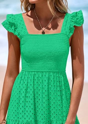 PRETTYGARDEN Womens Summer Square Neck Maxi Dresses Cap Sleeve Eyelet Smocked Tiered A Line Flowy Long Dress with Pockets (Green,Medium) - Image 5