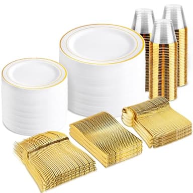 bUCLA 600Pcs Gold Dinnerware Set for 100 Guests - White and Gold Plastic Plates Disposable for party Include 100 Dinner & 100 Dessert Plates,100 Cups,100 Forks,100 Spoons,100 Knives - Image 1