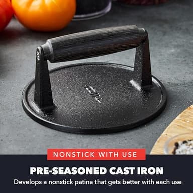 GreenPan x Bobby Flay Smash Burger Press, 6.5" Cast Iron Round Grill Press, Smashed Burgers, Heavy-Duty, Wood Handle, Cookouts & BBQ Tool for Juicy & Crispy Hamburgers Bacon Sandwich, Flat Top Griddle - Image 2