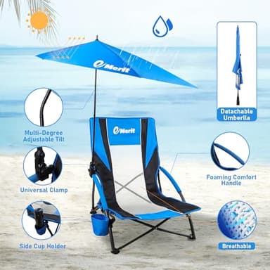 EMERIT Low Beach Chairs for Adults, Sling Beach Chair with Umberalla, Folding Backpack Camping Chair with Cup Holder - Image 4