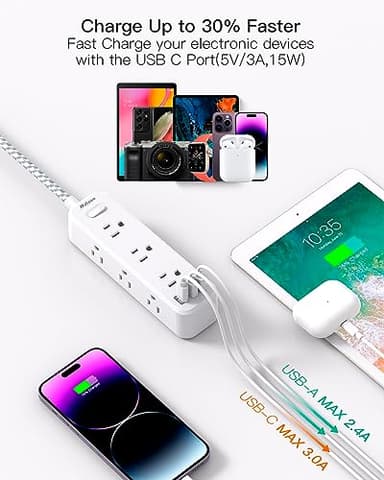 Mifaso Extension Cord, Surge Protector Power Strip, Extension Cord with 9 Outlets 3 USB Ports, Extension Cord with Multiple Outlets, 5FT USB Power Strip for Dorm Room Essentials, College, White - Image 3