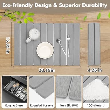 Large Stone Dish Drying Mat for Kitchen Counter, Eco-friendly, Instant Drying Pad,Diatomaceous Earth Water Absorbing Mat, Foldable and Super Absorbent Dish Drying Stone Mat, 24"×16", Light Gray - Image 3