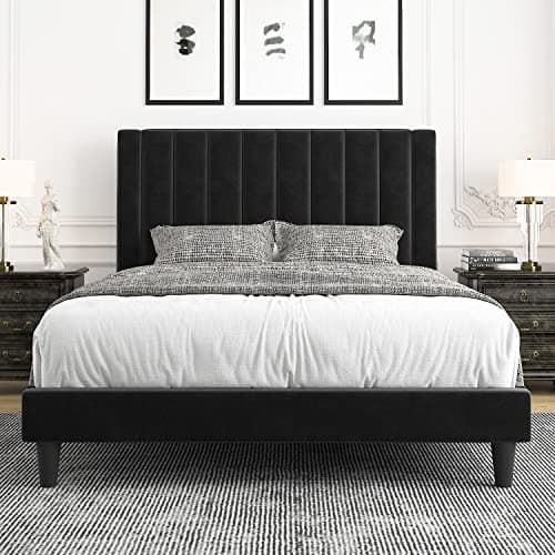 Allewie Queen Bed Frame/Velvet Upholstered Bed Frame with Vertical Channel Tufted Headboard/Strong Wooden Slats/Platform Bed Frame/Mattress Foundation/Box Spring Optional/Easy Assembly/Black - Image 1