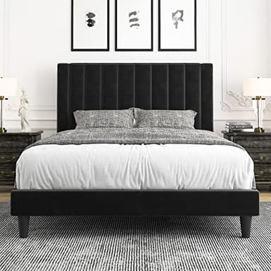 Allewie Queen Bed Frame/Velvet Upholstered Bed Frame with Vertical Channel Tufted Headboard/Strong Wooden Slats/Platform Bed Frame/Mattress Foundation/Box Spring Optional/Easy Assembly/Black - Image 1