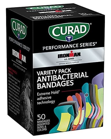 CURAD Performance Series IRONMAN Antibacterial Bandages, Extreme Hold Adhesive Technology, Finger & Knuckle Bandages, Flexible Fabric, Variety Pack with Assorted Sizes & Colors, 50 Count - Image 1