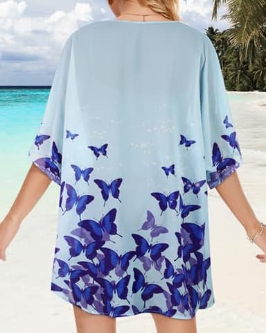 Women's Kimono Floral Cardigan Print Puff Cover Up Casual Blouse Summer Tops (Butterflies on Blue, XL) - Image 5