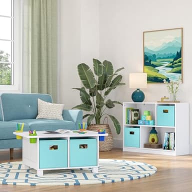RiverRidge Kids Desk and Art Activity Table - Play Table with 4 Storage Cubbies & Removable Storage Cups for Crafts, Puzzles & Activities 2 Navy Folding Fabric Bins - Image 3