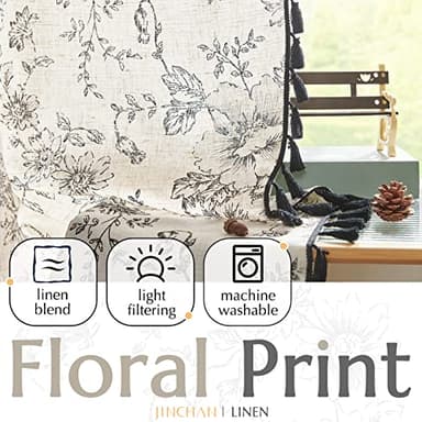 JINCHAN Linen Blend Curtains Floral Curtains for Living Room 84 Inches Long Printed Curtains with Tassels Rod Pocket Farmhouse Rustic Peony Flower Patterned Drapes Bedroom Window Curtains Set 2 Panels - Image 3