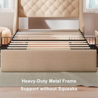 Feonase Twin Bed Frame with 4 Storage Drawers, Upholstered Wingback Headboard, Easy Assembly, No Box Spring Needed, Beige - Image 7
