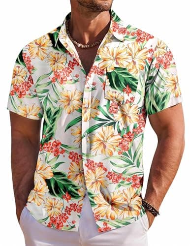 COOFANDY Mens Hawaiian Shirt for Men Short Sleeve Beach Shirts Tropical Cruise Shirt, White - Flower, XX-Large - Image 1