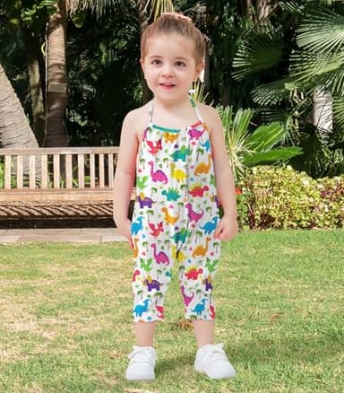 Lindanina Toddler Girl Jumpsuits Romper Summer Outfit Clothes Backless Halter Cute Cartoon Dinosaur 12-24 Months Sleeveless One Piece Overalls Photoshoots with Pockets - Image 4