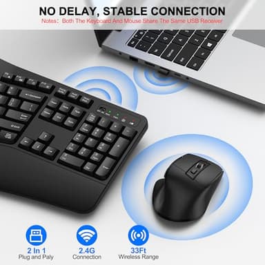 Wireless Keyboard and Mouse Combo, 2.4G Full Size Wave Keys Ergonomic Keyboard with Wrist Rest and 3-Level DPI Adjustable Wireless Ergonomic Mouse for Windows, Mac OS Desktop/Laptop/PC(Black) - Image 5