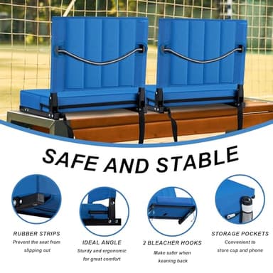 Aliphon Stadium Seat for Bleachers with Back Support and Cushion, Bleacher Seats with Shoulder Strap and Cup Holder, Padded Portable Folding Comfort Stadium Chair, for Sports Events, Blue (2pcs) - Image 4
