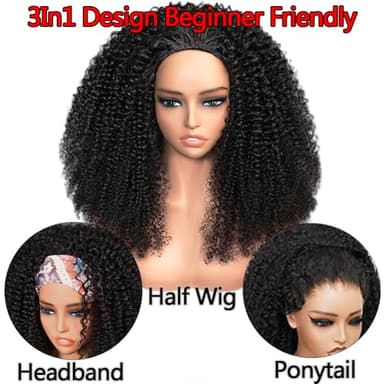 OWNROSE Half Wig Upgread 3 In 1 Kinky Curly Half Wig Human Hair 200 Density Glueless Wigs Human Hair Beginner Friendly Curly Wig Drawstring Seamless Flip Over Clip in Wigs for Women 16 Inch - Image 2