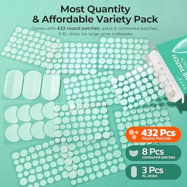TKTK 443 Count Pimple Patches for Face, Hydrocolloid Acne Patch Bulk, Acne Stickers for Covering Cheeks, Forehead, Chin Blemishes Zit Breakouts for All Skin Types (Dots, Strip, Contoured 5 Sizes) - Image 2