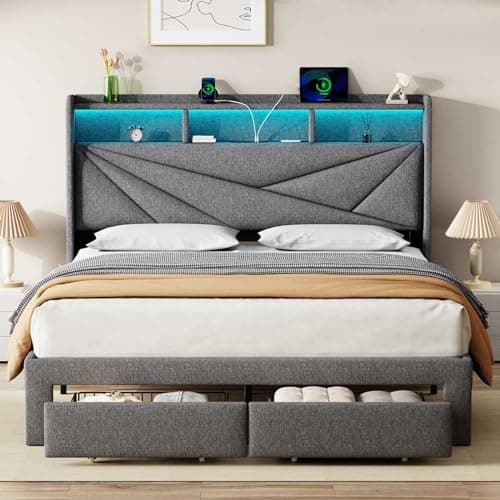 Driftalia LED King Size Bed Frame with 2 Storage Drawers, Upholstered King Bed Frame with Headboard and Charging Station, No Box Spring Needed, Easy to Assembly-Light Grey - Image 1