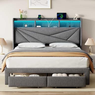 Driftalia LED King Size Bed Frame with 2 Storage Drawers, Upholstered King Bed Frame with Headboard and Charging Station, No Box Spring Needed, Easy to Assembly-Light Grey - Image 1