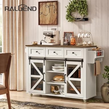 RALGEND Kitchen Island with Storage, 55" Kitchen Cart with Charging Station, Rolling Kitchen Island Table with Drop-Leaf, 3 Drawers, Barn Doors, Towel Rack and Spice Rack, White and Walnut - Image 3