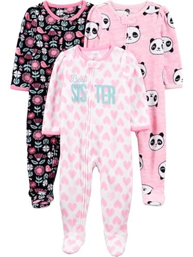 Simple Joys by Carter's Baby Girls' 3-Pack Loose Fit Flame Resistant Fleece Footed Pajamas, Black Floral/Pink Panda/White Hearts, 24 Months - Image 1
