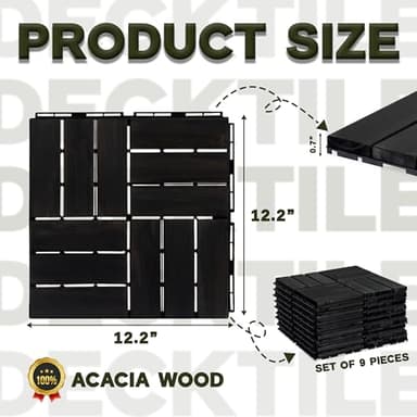VICTORY RELAX Acacia Wood Flooring Interlocking Deck Tiles for Patio Decor 9 Pcs 12 Slats VR Black - Waterproof Indoor & Outdoor Decor - Balcony Garden Decking Tile (12.2 * 12.2 * 0.7 inches) - Image 2