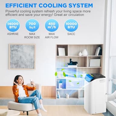 Humhold 14000 BTU Portable Air Conditioners with Remote Control, 3-in-1 Free Standing Cooling AC Unit with Fan & Dehumidifier, Cools Room up to 700 sq.ft, Smart/Sleep Mode,3 Speed,Auto Swing,24H Timer - Image 2