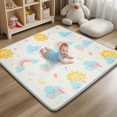 Foldable Baby Play Mat - PIGLOG 0.6inch Thick Waterproof Playpen Mat for Babies and Toddlers Kids, 50X50 Safe Foam Playmat for Tummy Time, Reversible Portable Baby Floor Mat for Infant, Sun - Image 1