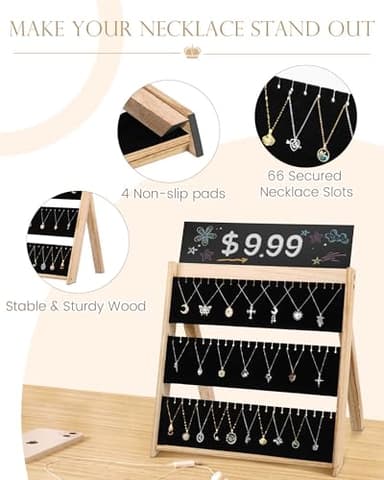 Bulado Necklace Display for Vendors, 3 Tier Foldable Jewelry Display Stand with 66 Slots, Wooden Chain Necklace Holder with Velvet for Selling, Jewelry Storage Organizer for Craft Show - Image 5