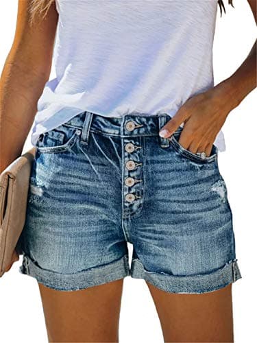 Angerella High Wasted Shorts Women Ripped Folded Hem Distressed Button Fly Denim Jean Shorts Blue XL - Image 1