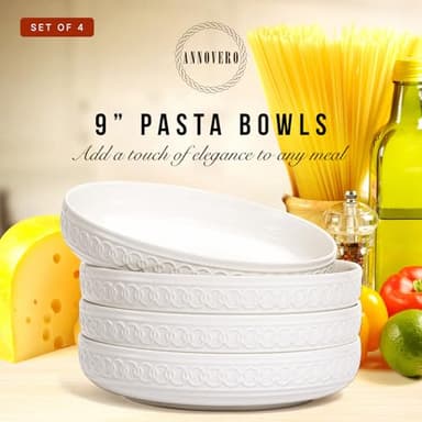 Annovero Pasta Bowls Set for 4 - Dinner Bowl Plates - Blates - Flat Dinnerware - Large Shallow White Dishes - Big Rimmed Porcelain Serving Dish for Eating Spaghetti - 40 Oz Capacity - 9 Inch Diameter - Image 2