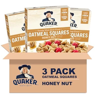 Quaker Oatmeal Squares Crunchy Whole Grain Breakfast Cereal, Honey Nut, 14.5 Oz Boxes (Pack of 3) - Image 1