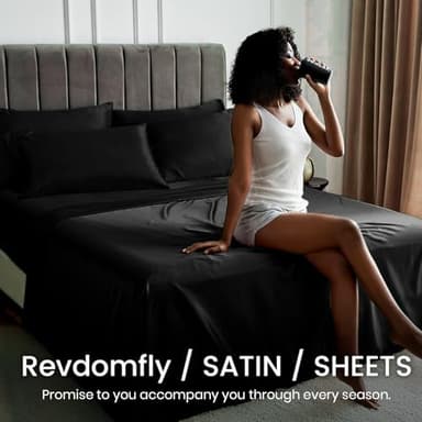 Revdomfly 4 Pcs Full Size Luxury Silky Soft Black Satin Sheet Set,1 Premium Moisture Wicking Fitted Sheet Fits Up to 16 Inches Deep Pocket + 1 Flat Sheet + 2 Pillowcases（Black, Full） - Image 2