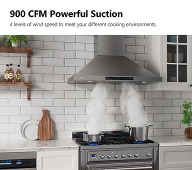 IKTCH 30-inch Wall Mount Range Hood 900 CFM Ducted/Ductless Convertible, Kitchen Chimney Vent Stainless Steel with Gesture Sensing & Touch Control Switch Panel, 2 Pcs Adjustable Lights(IKP02-30'') - Image 2