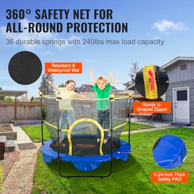 VEVOR 5FT Trampoline for Kids, 60" Indoor Outdoor Trampolines with Safety Enclosure Net, Basketball Hoop and Ocean Balls, Mini Toddler Recreational Birthday Gifts for 3+ Years Kids - Image 4