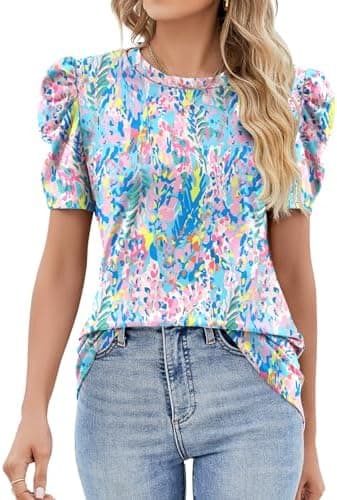 Ivicoer Puff Short Sleeve Shirt for Women Eyelet Tops Summer Crewneck Blouse Loose Fit S-XXL - Image 3