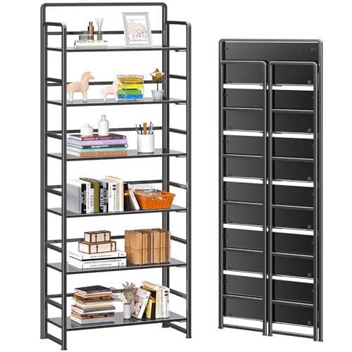 4NM No Assembly 6 Tiers Folding Bookshelf Storage Shelves Vintage Bookcase Standing Racks Study Organizer Home Office (All Black) - Image 1