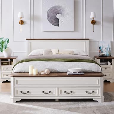 T4TREAM Farmhouse Queen Bed with Headboard and Storage Bench, Rustic Wood Platform Bed with 64" Storage Chest w/ 4 Large Drawer (Antique White) - Image 3