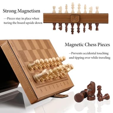 Rinten Chess Set Board for Kids & Adults, 12" Travel Magnetic Chess & Checkers Folding Board 2 in 1 Sets, Portable Folding Leather Chess Boards with 3 Velvet Bag Packaging Pieces - Image 4