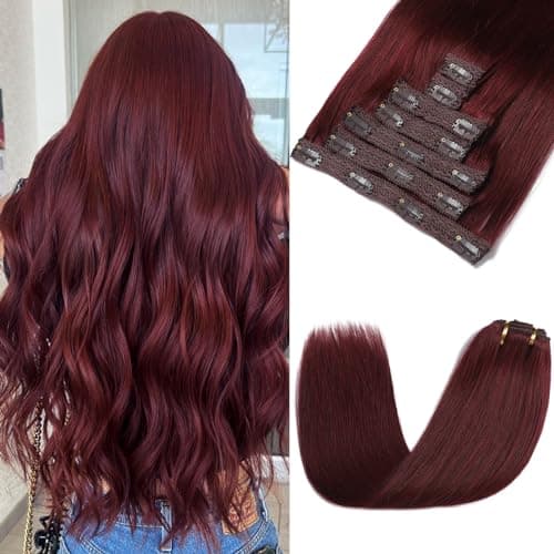 Rimoss Clip in Hair Extensions Real Human Hair - 22 Inch 120g 7pcs, Burgundy Red Color - Soft Remy Human Hair Clip in Extensions Straight Double Weft for Women (#99J 22 Inch) - Image 1