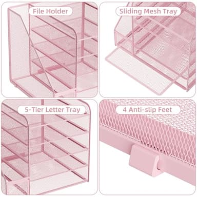 Marbrasse Desk Organizers and Accessories, 5-Tier Paper Letter Tray Organizer with File Holder, Mesh File Organizer, Office Desk Accessories & Organization for Supplies (Pink) - Image 4