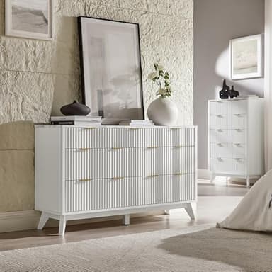 T4TREAM Fluted 7 Drawers Dresser, 54" Wide Modern Chest of Drawers with Faux Marble Top, Curved Profile Design, Dresser TV Stand, Wood Drawer Organizer for Bedroom, Living Room, Hallway, Solid White - Image 3