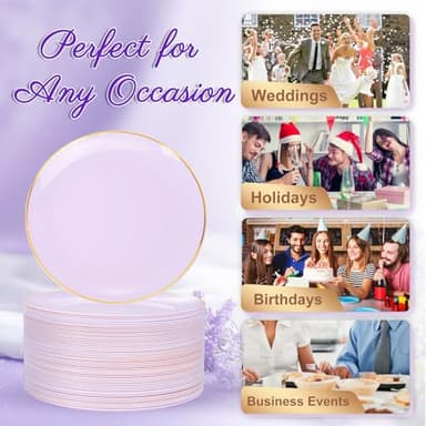 Festiva 200Pcs Purple Gold Dessert Plates 6.3" with Plastic Forks 5"- Disposable Lavender Purple Cake/Appetizer/Salad Plates - serve 100 guests for Party&Wedding&Easter - Image 4