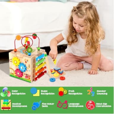 Batlofty Wooden Activity Cube, 8-in-1 Montessori Toys for 1 2 Year Old Girl Boy Toddler| Sensory Educational Learning Toys 12-18 Months | 1st Birthday Gifts, Bead Maze | Bonus Sorting & Stacking Board - Image 4