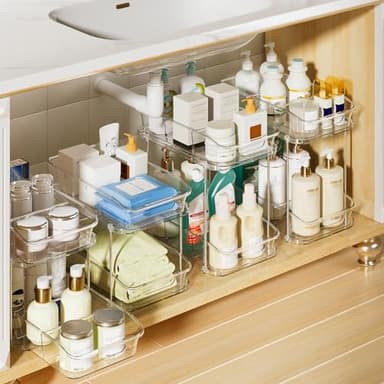 Delamu 2-Tier Under Sink Organizers and Storage, Multi-Purpose Stackable Bathroom Cabinet organizers, Pull Out Kitchen Pantry Organization and Storage with Dividers(4 Pack, Clear) - Image 9