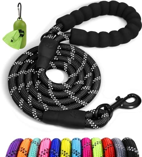 Taglory Rope Dog Leash 6 FT with Comfortable Padded Handle, Highly Reflective Threads Leash for Medium Large Dogs, 1/2 inch, Black - Image 1