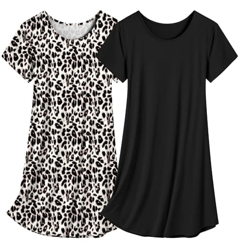 Olankaro Women's Nightgown 2 Pack Nightshirts Short Sleeves Sleepwear Soft O Neck Nightdress(Black+Leopard,M) - Image 1