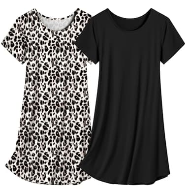 Olankaro Women's Nightgown 2 Pack Nightshirts Short Sleeves Sleepwear Soft O Neck Nightdress(Black+Leopard,M) - Image 1