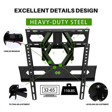 USX MOUNT TV Wall Mount for 32-65 inch Flat Screen/LED/4K up to 110lbs, Full Motion TV Mount Bracket with Swivel & Tilt Articulating Dual Arms, Max VESA 400x400mm, Fits 12/16" Wood Studs - Image 9