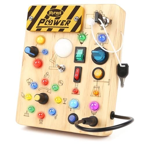 Joyreal Montessori Busy Board Wooden Sensory Toys for Toddler with LED Light Up Switch, Baby Fidget Board Travel Toys for 18+ Months, Boys Girls Birthday, Medium - Image 1