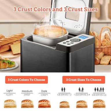 KBS 2LB Bread Maker, 19-in-1 Automatic Bread Machine Stainless Steel with Ceramic Pan,15H Timer&1H Keep Warm, Sourdough, Gluten-Free, 650W Bread Maker Machine with 3 Loaf Sizes 3 Crust Colors, Recipes - Image 3